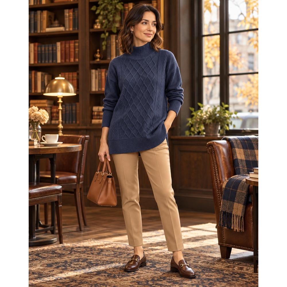 Loft Women Diamond Cable Knit Mock Neck Sweater Size L Navy Blue Classic Preppy